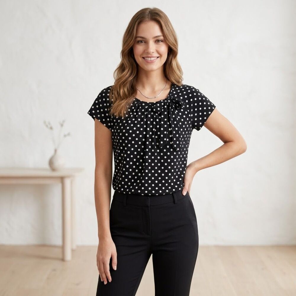 Liz McCoy Round Neck Bow Tie Cap Sleeve Polka Dot Black White Blouse L